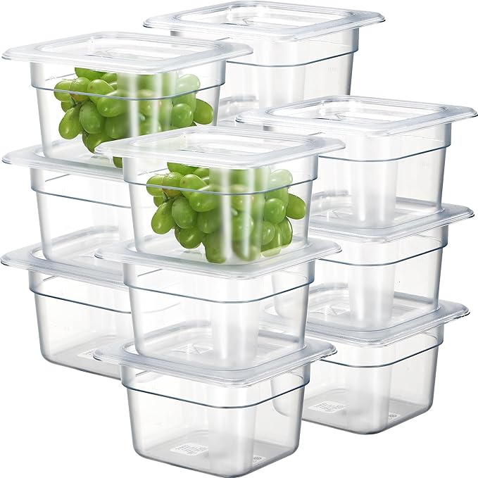 CURTA 12-Pack 1/6 Size 4 Deep NSF Polycarbonate Food Pan with Notched Lid &amp Drain Tray | Dishwasher &amp Freezer Safe Clear Container for Prep Tables Buffet Salad Bar Commercial Kitchen