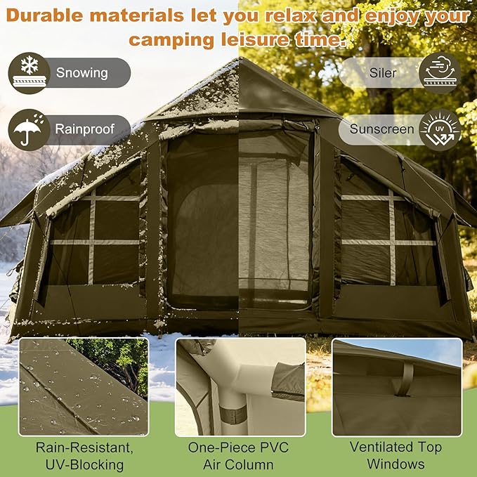 Inflatable Tents for Camping with Stove Jack 2/4/6/8 Person Easy Setup Blow Up Tents for 4 Seasons Waterproof Inflatable Camping Tent with Awning Air House Glamping Tents for Camping Adult