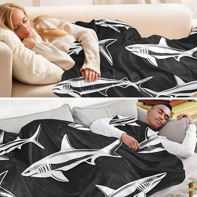 Soft Throw Blanket Shark Silhouette Black White Teen Throw Blanket 50'' x 70''