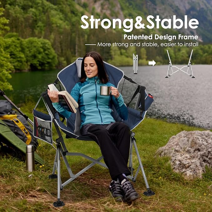 Oversized Hammock Camping Chairs Folding Swing Chair with 1-Step Design Swinging Hammock Chair with Adjustable Backrest Lumbar Support &amp Headrest for Outdoor&ampIndoor Support 400LBS Blue
