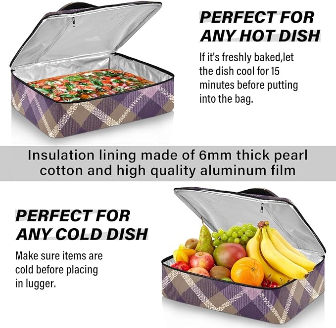Casserole Carrier Purple and Brown Tartan Plaid Insulated Casserole Carrier for Hot or Cold Food Thermal Lunch Tote for Parties Picnic Travel Carry Bag