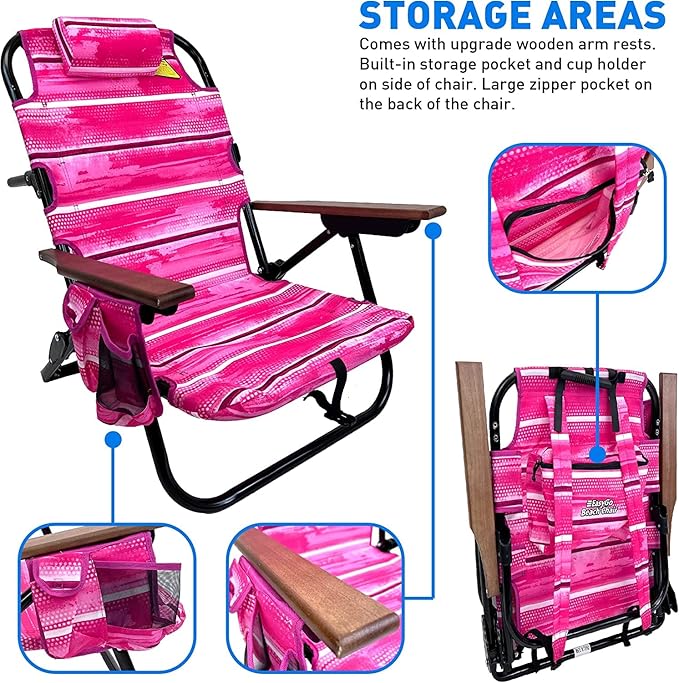 EasyGo Product Backpack Beach Chair 5 Positions and Cup Holder Pouch on Side Padded Pillow Storage Bag on Back Lightweight Rustproof Aluminum Black Frame - 1 Pack Pink