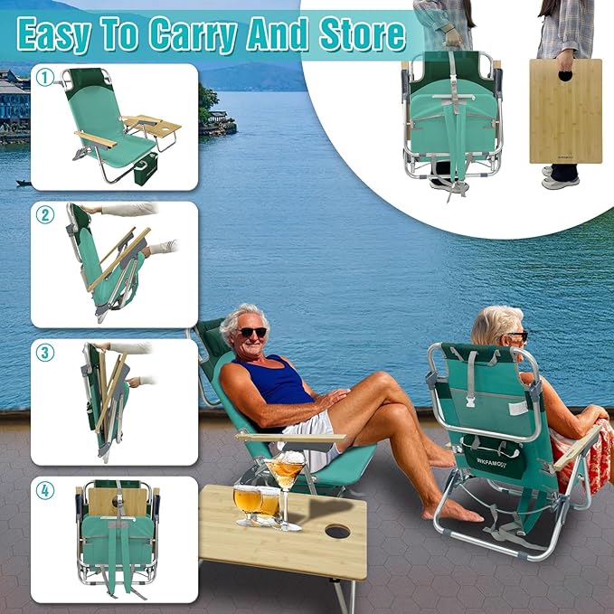 Folding Backpack Beach Chair 2 Pack for Adults &amp Teens Aluminum 5-Position Lay Flat Lounge Chair with Camping Bamboo Table 200LBS Beach Reclining Chair Outdoor with Cooler Bag Green
