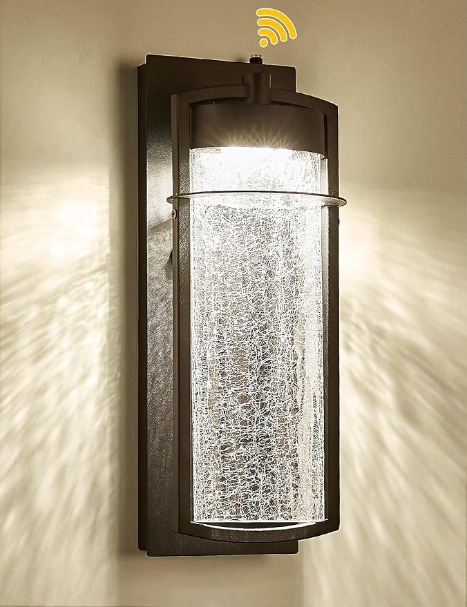 Oil Rubbed Bronze Dusk to Dawn Outdoor Wall Light Fixture LED Porch Light with Crackle Glass 600 Lumen Brown Exterior Light Fixture with Photocell 3000K Outside Lights for House Garage Front Door
