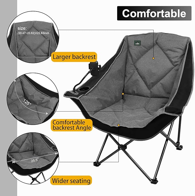 Northroad Oversized Foldable Camping Chair with Cell Phone HolderOutdoor Padded Lawn Chair w/Cup HolderCarry Bag for Beach Hiking and PicnicsHeavy-Duty 300-lbs Capacity Black