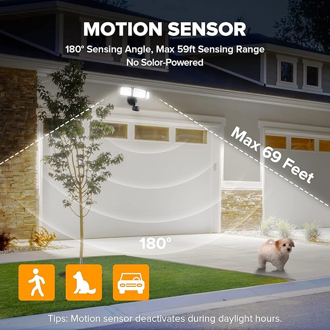 LUTEC 2 Pack 72W 7500LM LED Security Lights Motion Sensor Light Outdoor 5000K Daylight IP65 Waterproof Dusk to Dawn 3-Head Motion Detected Flood Light for Garage Yard Porch(Black)