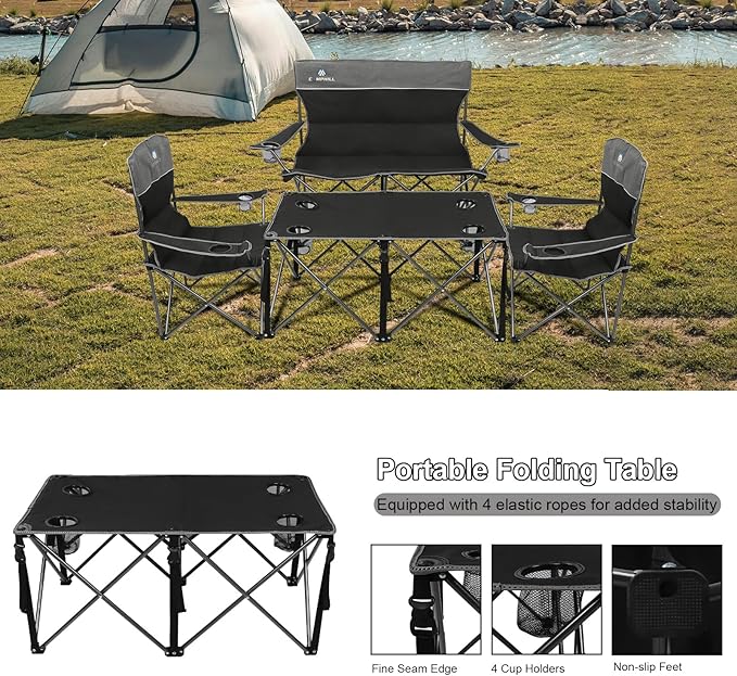 CAMPHILL Camping Chair Set of 3 Outdoor Folding Camping Chairs for Heavy People with Cup Holder &amp Carry BagCollapsible Chair Include One Sofa Chair and Two Single ChairSupport up to 500lbs