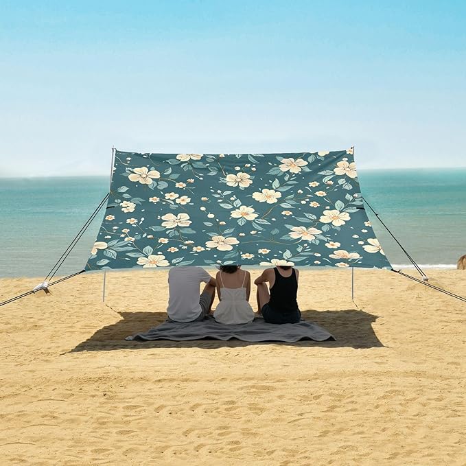 Teal Floral Pattern Beach Tent Sun Shelter 9.2' x 10.5' Beach Canopy with 4 Sandbags 4 Stability Poles Sand Shovels - Tent Canopy for Beach Camping Fishing Picnics