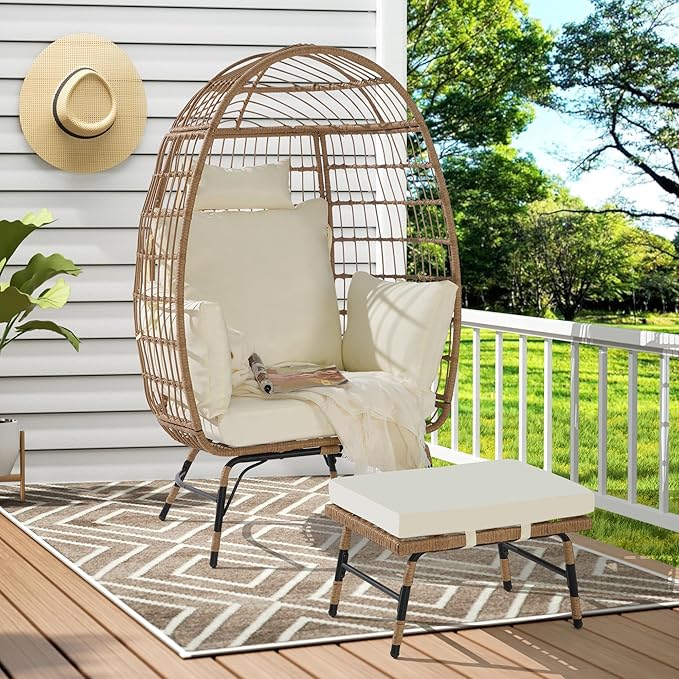 Wicker Egg ChairRattan Egg Chair Indoor OutdoorOversized Large Egg Chairs 600lbs with Ottoman and Thick Cushions for Porch Backyard Balcony
