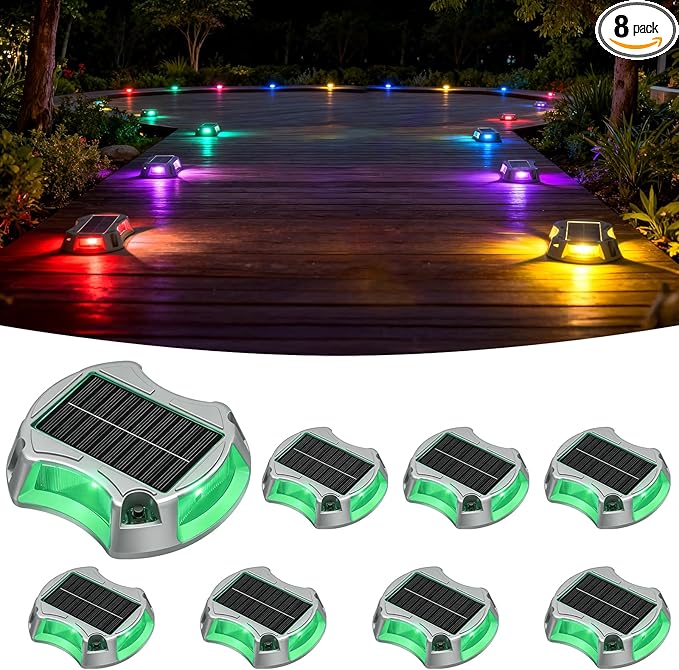 Bosceos Solar Driveway Lights Outdoor 8-Pack Solar Deck Lights RGB Color Modes Dock Light Waterproof Driveway Markers Step Light for Sidewalk Stair Garden Pathway Walkway Yard