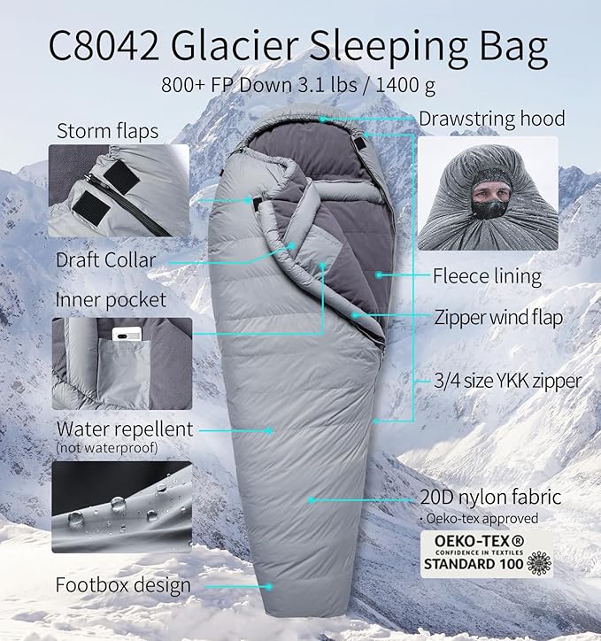 Litume Glacier -58°F Sleeping Bag Extreme Cold 800+ Fill Power Down Expedition-Grade Mummy Design Water-Repellent 20D Nylon Tested for Winter Camping &amp Mountaineering