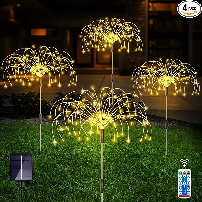 Solar Outdoor Warm White Garden Lights 4 Pack Firework With 120 LED Starburst String 8 Modes Fairy With Remote for Wedding Christmas Lawn Backyard Party Patio Decoration