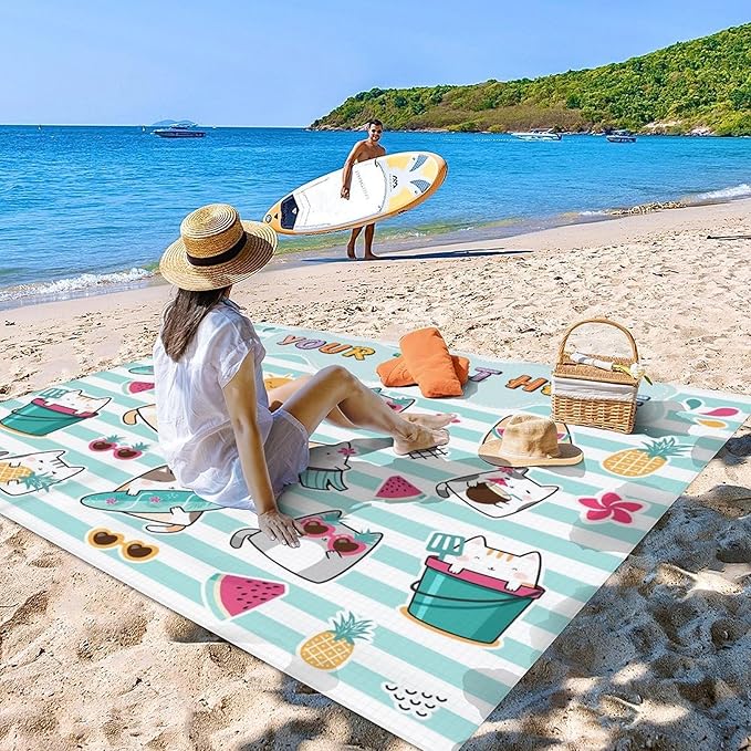 Personalized Beach Blanket Waterproof Sand Proof Oversized Quick Drying Cat Beach Mat 9.8 x 9.2 Ft for 1-8 People Foldable Outdoor Essentials for Hiking Picnic Camping