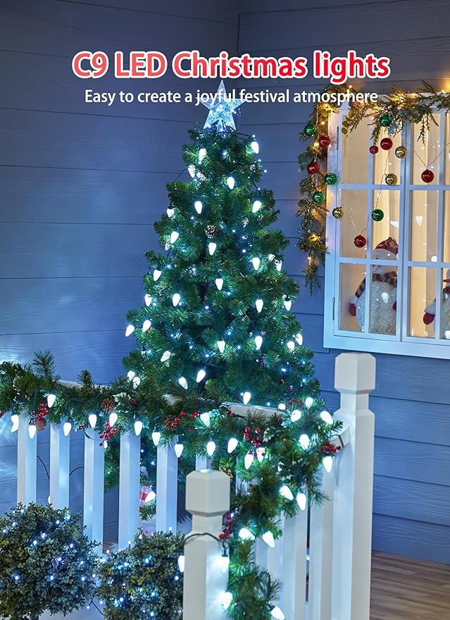 C9 Christmas Lights Outdoor 114 Feet 150 LED C9 String Light with Timer &amp 8 Light Modes Waterproof Commercial Grade Connectable Christmas Tree Lights for House Indoor Outside Roofline Pure Whit