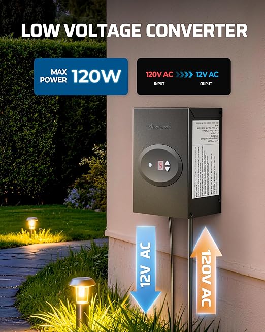 DEWENWILS 120W Low Voltage Landscape Transformer Outdoor Transformer with Timer and Photocell Sensor 120V AC to 12V AC Weatherproof for LED Lighting Spotlight Pathway Light ETL Listed