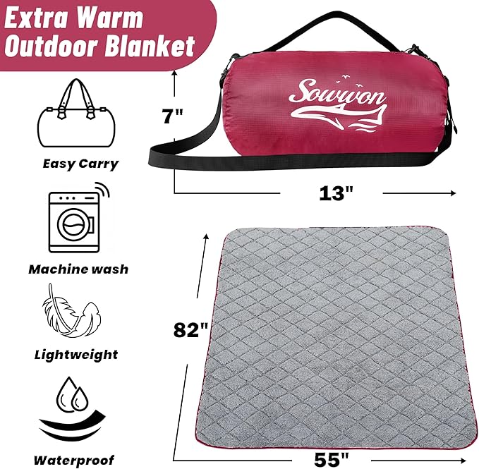 Waterproof Outdoor Blanket 82”X 55” Packable Stadium Blankets for Camping with Sherpa Fleece Lining Large Windproof Emergency Throw Mat for Garss Picnic Hiking Road Trip Machine Washable Wine