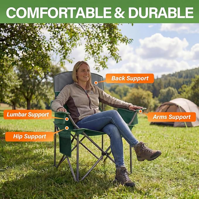 CAMPHILL Oversized Camping Chairs 2 Pack - Heavy Duty 400LBS Padded Lawn Chair with Cooler BagCup HolderSide PocketCollapsible for OutdoorCampFishing &amp GardenDark Green