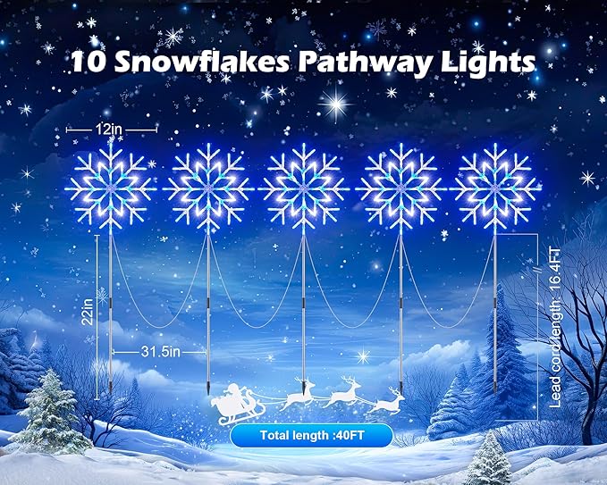 Brightown Snowflake Lights OutdoorTotal 20-Pack Snowflake Christmas Pathway Lights Outdoor Christmas Decorations Yard Sidewalk Walkway Driveway Marker Stake Blue &amp White