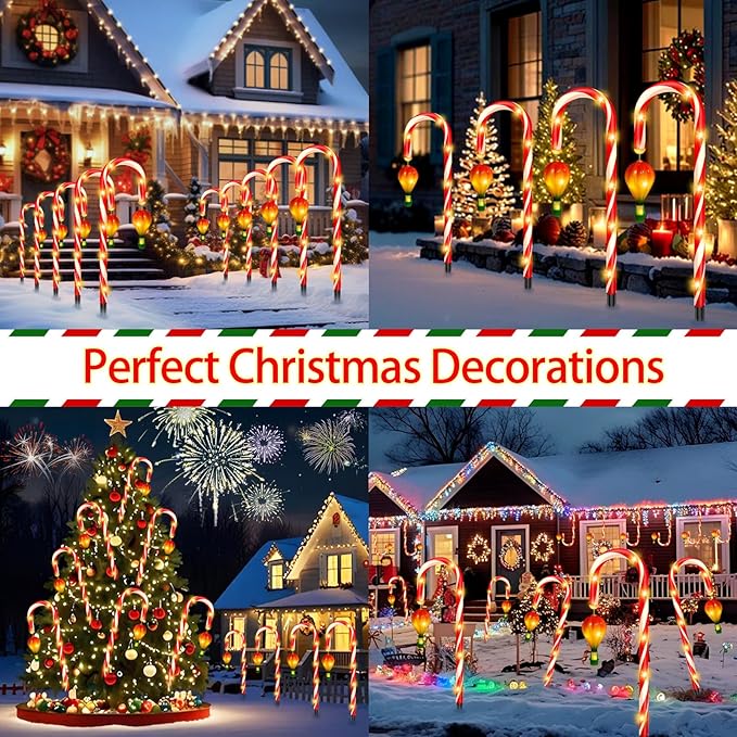 12 Pack Outdoor Solar Christmas Decorations 180 Bright LED Solar Candy Cane Christmas Lights 8 Lighting Modes Waterproof Outside Xmas Decorations with Lantern Decor Lights for Pathway Yard Garden
