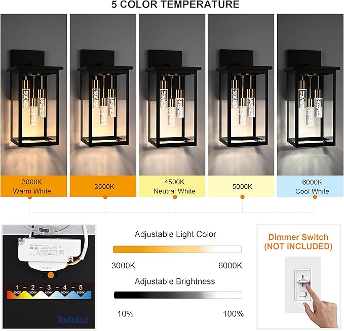 TODOLUZ 2-Packs Large 3-Lights LED Outdoor Wall Light Fixture Dimmable 5CCT Waterproof Exterior Porch Wall Sconce Lighting for Garage Front Door (3000K/3500K/4500K/5000K/6000K)