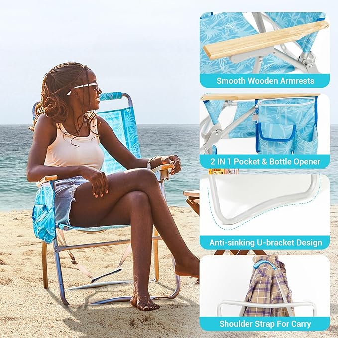 #WEJOY High Back Beach Chair 4 Position Adjustable Heavy Duty Aluminum Folding Backpack Camping Chairs with Wooden Armrest Storage Bag &amp Cup Holders for Outdoor Travel Fishing (Blue White)