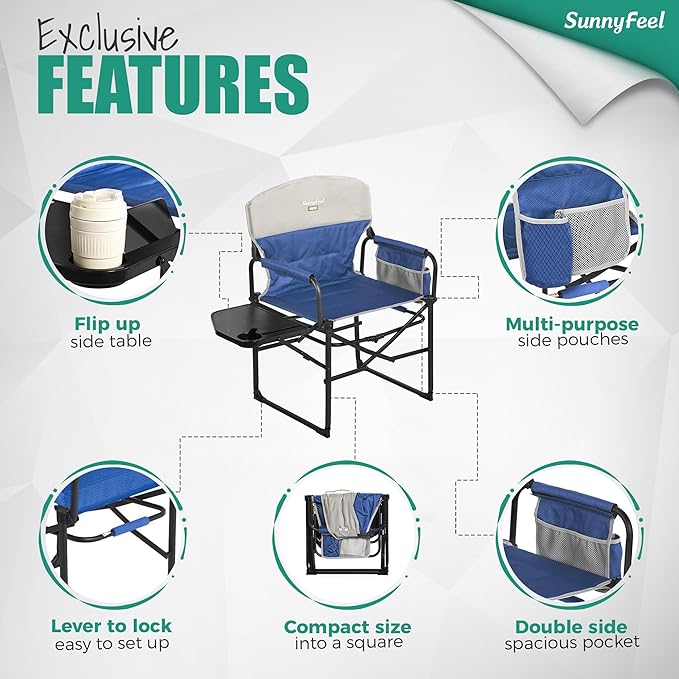SUNNYFEEL Camping Directors Chair Heavy DutyOversized Portable Folding Chair with Side Table Pocket for Beach FishingTripPicnicLawnConcert Outdoor Foldable Camp Chairs
