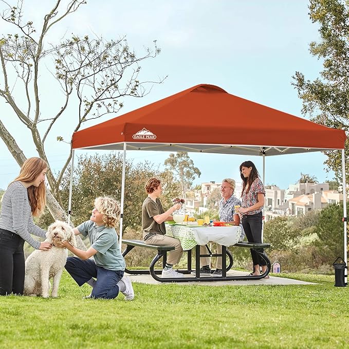 EAGLE PEAK Pop Up Canopy Tent with Wheeled Carry Bag 8 Stakes 4 Ropes 4 Weight Bags Easy Set Up Tent Canopy 10x10 ft 100sqft of Shade Brick Red