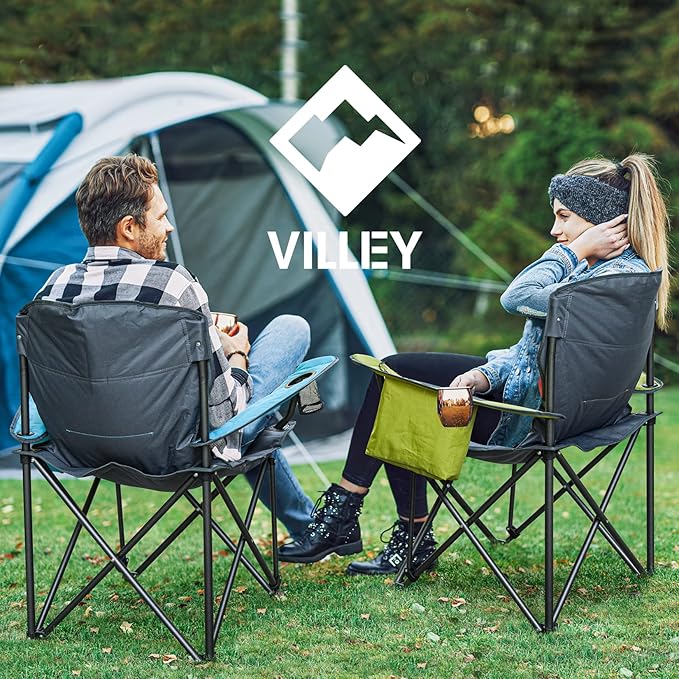 VILLEY Camping Chair Oversized Folding Camp Chair Portable Outdoor Chairs Support 400 LBS with Padded Seats Cooler Bag Cup Holder Carry Bag Green