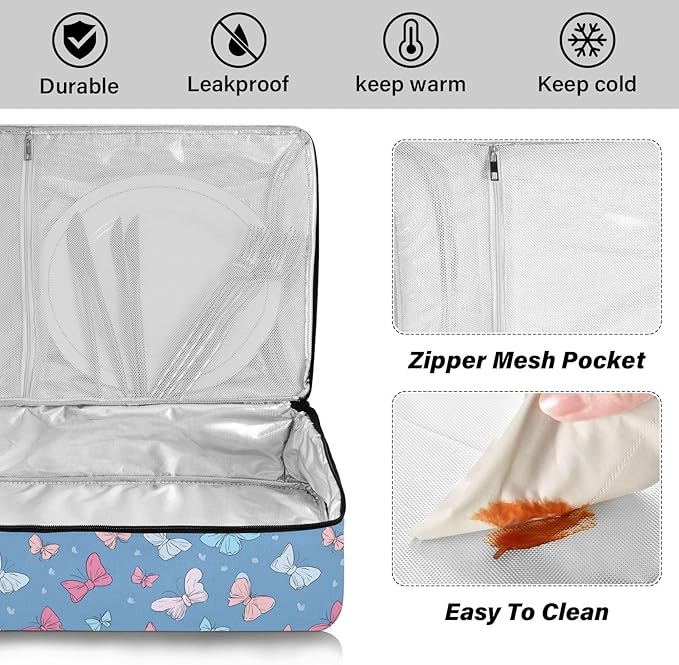 Casserole Carrier Grace Butterflies BowsInsulated Casserole Carrier for Hot or Cold Food Thermal Lunch Tote for Potluck Parties Picnic Beach Fits 9 x 13 Inches Baking Dish