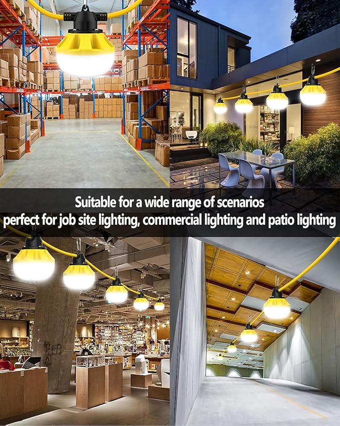 100FT LED Construction String Lights 10 Bulbs10000LMIndustrial GradeWeatherproof Linkable 5000K Super Bright for Job Sites Mining Patios &amp Outdoor WorkFree for Climbing Hook 2Prong