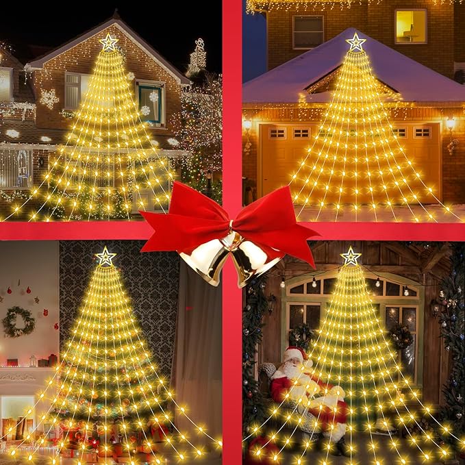 Christmas Decorations Star Lights Outdoor 23ft 11 Strand 818 LED Waterfall Tree Lights with 8 Modes Timer Remote Plug in Christmas Lights for Indoor Yard Patio Home Holiday Party Decor Warm White