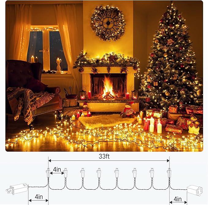ODEETRONIC Warm White Christmas Lights 33ft 100LED Gentle Twinkle Christmas Tree Lights Wide Angle 5mm String Light Connectable UL Certified Mini Xmas Light for Indoor Outdoor Party Green Wire