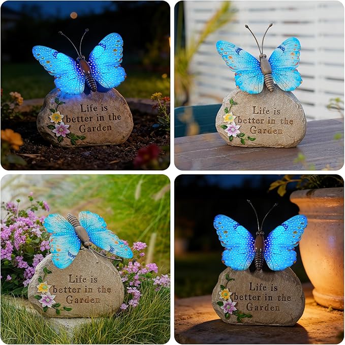 Solar LED Butterfly Garden Statue with Sparkling Light-Up Wings - Outdoor Yard Patio Decor Figurine for Women Mom Grandma (Blue)