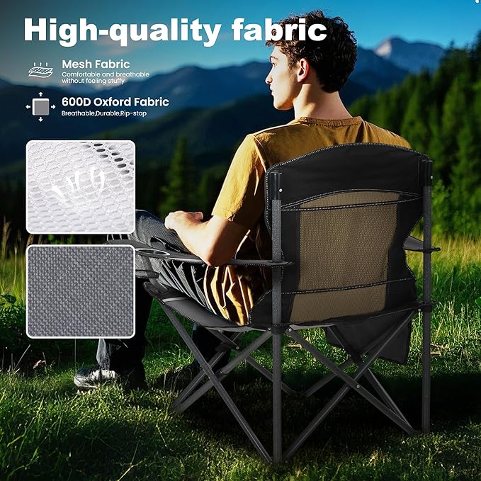 LET'S CAMP Mesh Back Camping Chair Portable Folding Heavy Duty Outdoor Chair Support 330 LBS Durable Large Arm Chair with Cup Holder and Carry Bag for Camp Fishing Hiking Black