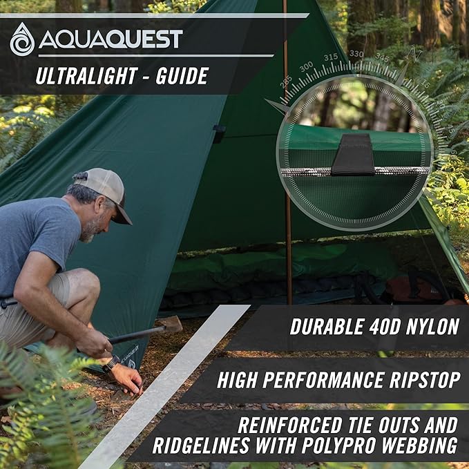 AquaQuest Guide Tarp – Ultralight Waterproof (5000 mm) Seam-Taped 40D Ripstop Rain Fly for Backpacking Stealth Camping &amp Thru-Hiking
