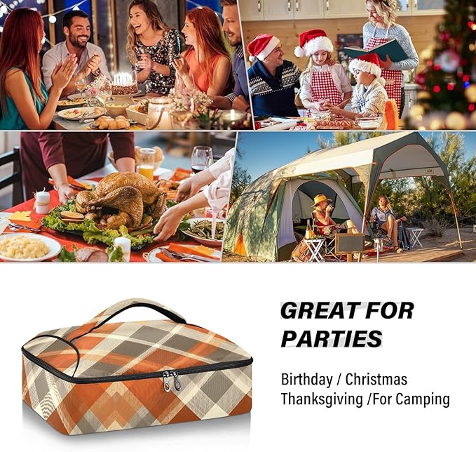 Casserole Carrier Orange Brown Tartan Pattern Insulated Casserole Carrier for Hot or Cold Food Thermal Lunch Tote for Parties Picnic Travel Carry Bag