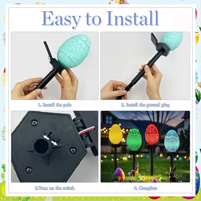 4 Pack Solar Easter Egg Lights Outdoor Waterproof Solar Easter Yard Decorations Outdoor Easters Yard Stakes Lights for Outside Lawn Walkway Patio Cemetery Grave (Red/Yellow/Green/Blue)