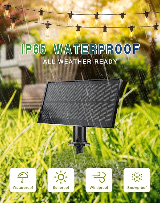 Solar String Lights Outdoor Waterproof 50FT with USB Port and 27 Shatterproof ST38 Bulbs(2 Spare) LED Solar Powered Patio Lights for Outside Porch Backyard Bistro Garden Market - 2200K