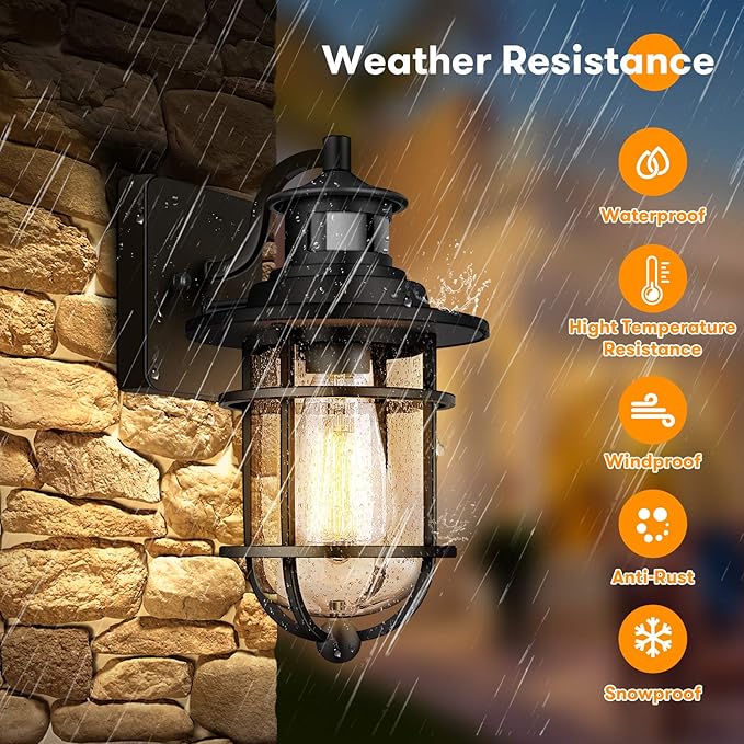 Motion Sensor Outdoor Wall Lantern Dusk to Dawn Waterproof Exterior Wall Sconce with Seeded Glass Black Wall Mount Light Fixture for Porch Doorway Garage E26 Socket Motion Activated