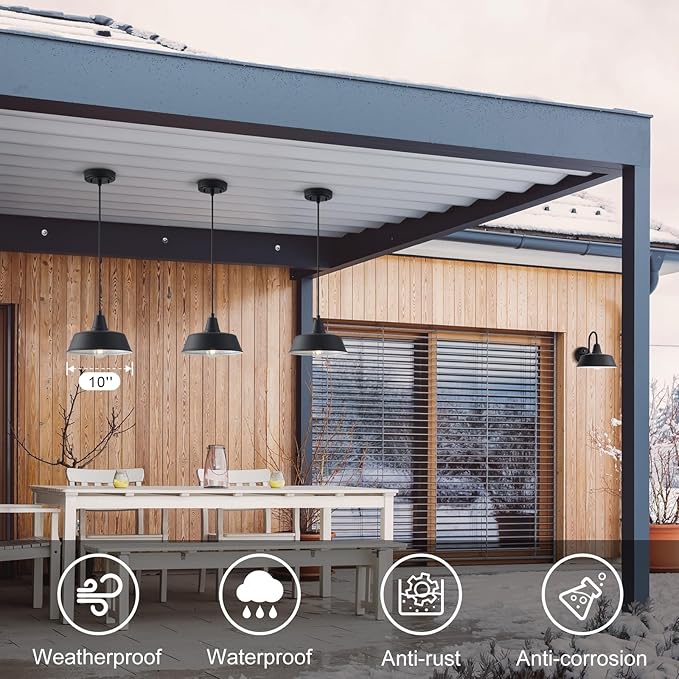 10 Inch Farmhouse Pendant Lighting Black Outdoor Barn Porch Ceiling Mount Lights Fixture Indoor Kitchen Island Hanging Light for Home Hallway Pendant Lamp for Entrance Adjustable