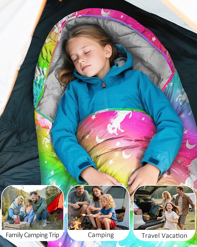 Sleeping Bags for Kids 3 Season Waterproof Sleeping Bag with Carry Bag for Camping Hiking Rainbow Unicorn