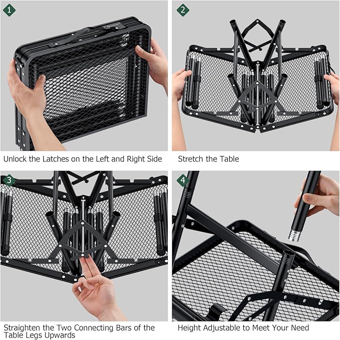 JiGiU Folding Camping Table Height Adjustable Aluminum Alloy Foldable Pinic Table 180lbs Capacity with Handle Stable Triangle Feet for Outdoor Indoor Hiking Camp BBQ Beach (Black Iron Mesh Tabletop)