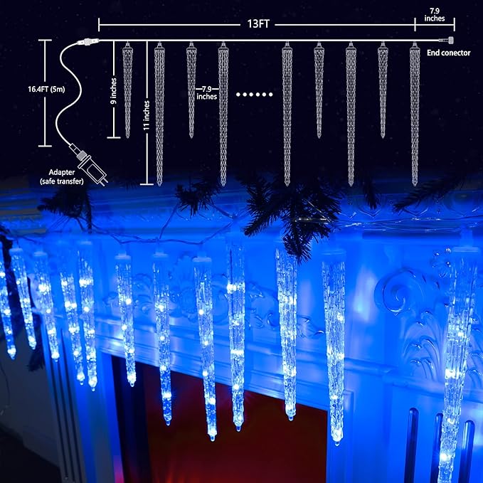 Joomer Blue Christmas Icicle Lights 13FT 20 Tubes 90 LED 8 Modes Icicle Lights with Timer Function Waterproof Connectable Ice String Lights for Holiday Home Patio Trees Christmas Decoration