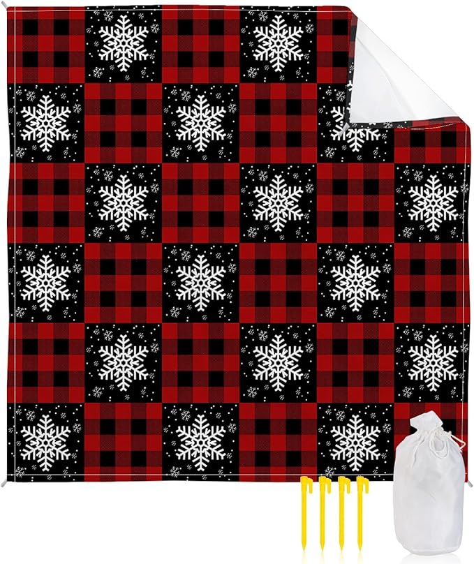Beach Blanket Waterproof Sandproof OversizedWinter Christmas White Snowflakes Beach Mat with Corner Stakes Sand PocketsRustic Retro Black Red Lattice Plaid Outdoor Picnic Mat for Travel 108x84In