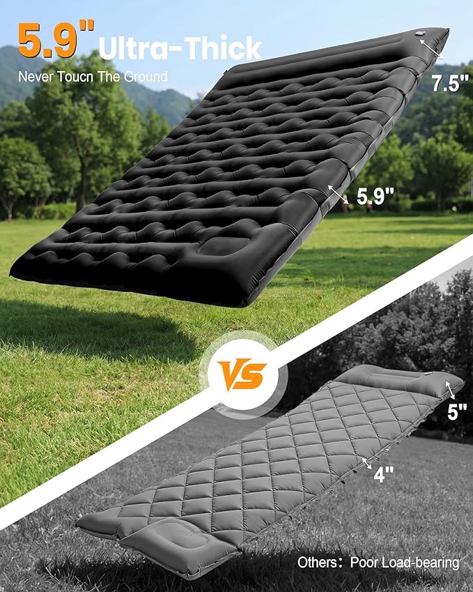 Double Sleeping Pad for Camping 5.9 Inch Thick Self Inflating Sleeping Mat for Camping with Built in Pillow and Foot Pump 2 Person Camping Mattress for Backpacking Hiking