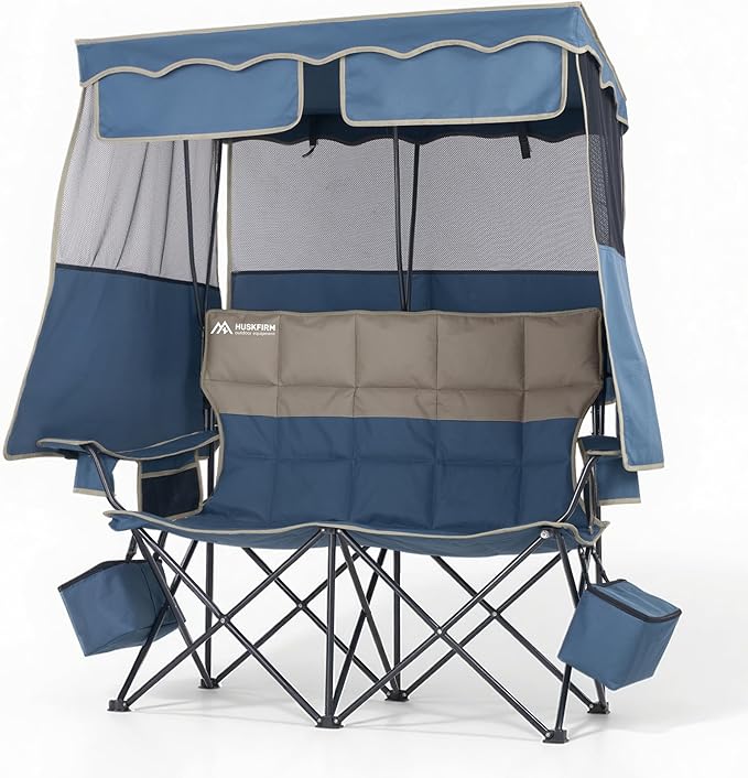 Double Beach Chair With Canopy Shade Camping Chair With Canopy Oversized Double Camping Chair With Canopy Folding Loveseat Chair With Two Cup Holders and Cooler Bag For CampingBeach Fishing