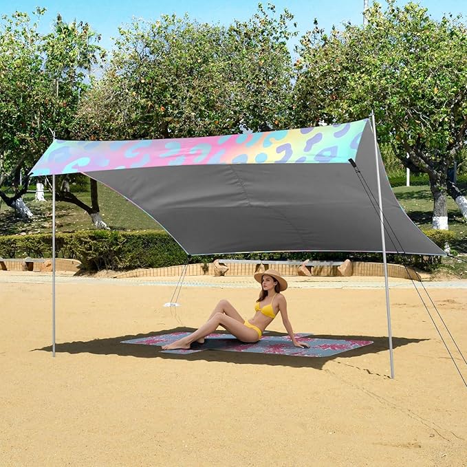 ALAZA Blue Cheetah Print Leopard Rainbow Beach Tent Sun Shelter UPF50+ Protection Beach Shade Canopy w/ 4 Sandbags for Outdoor Camping Fishing Backyard Fun Picnic 10x9 ft