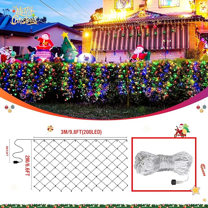 JMEXSUSS 200 LED Christmas Net Lights Plug in 8 Modes 9.8ft x 6.6ft Net Lights Outdoor Mesh Light Waterproof Bush Light for Outside Garden Lawn Yard (Multicolor) (Pack of 6)