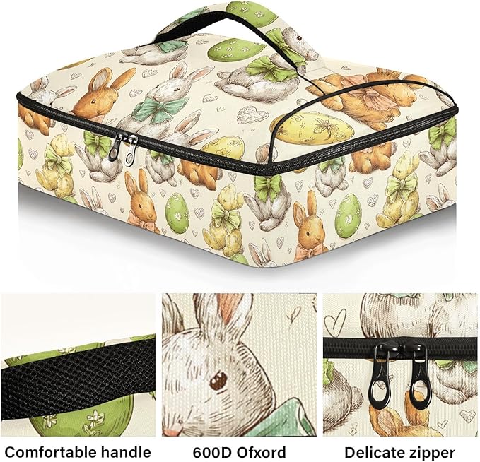 Casserole Carrier Loveliness Bunnies PatternInsulated Casserole Carrier for Hot or Cold Food Thermal Lunch Tote for Potluck Parties Picnic Beach Fits 9 x 13 Inches Baking Dish