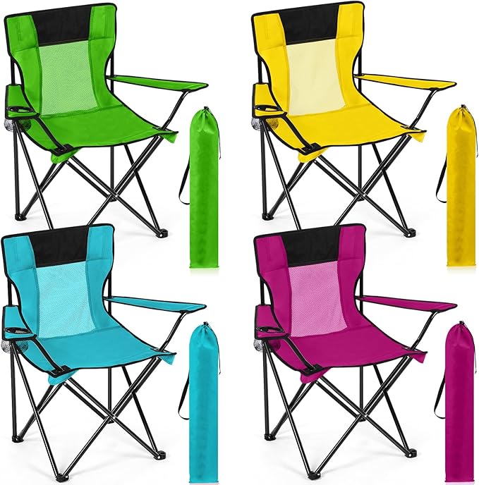 Shellwei Breathable Folding Camping Chair with Cupholder Carry Bag Regular Size Portable Lightweight Lawn Chair with Side Pocket Fishing Hiking Picnic Party Beach Outdoor Activity(Colorful4 Pcs)